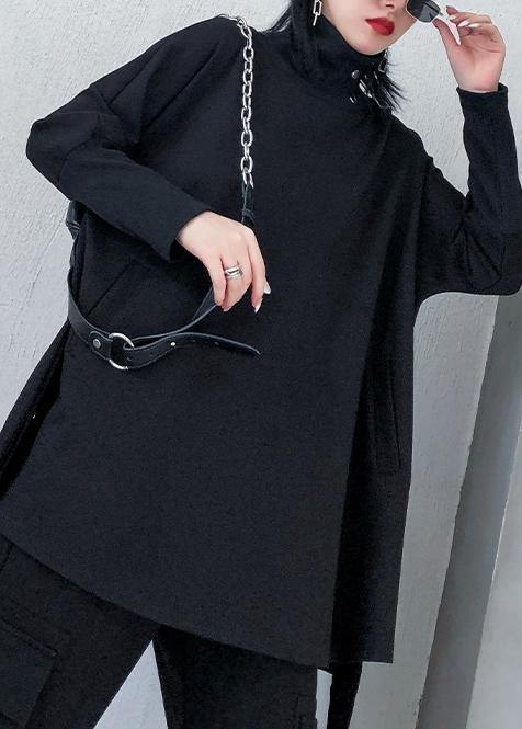 Chic black cotton Blouse high neck asymmetric daily blouse