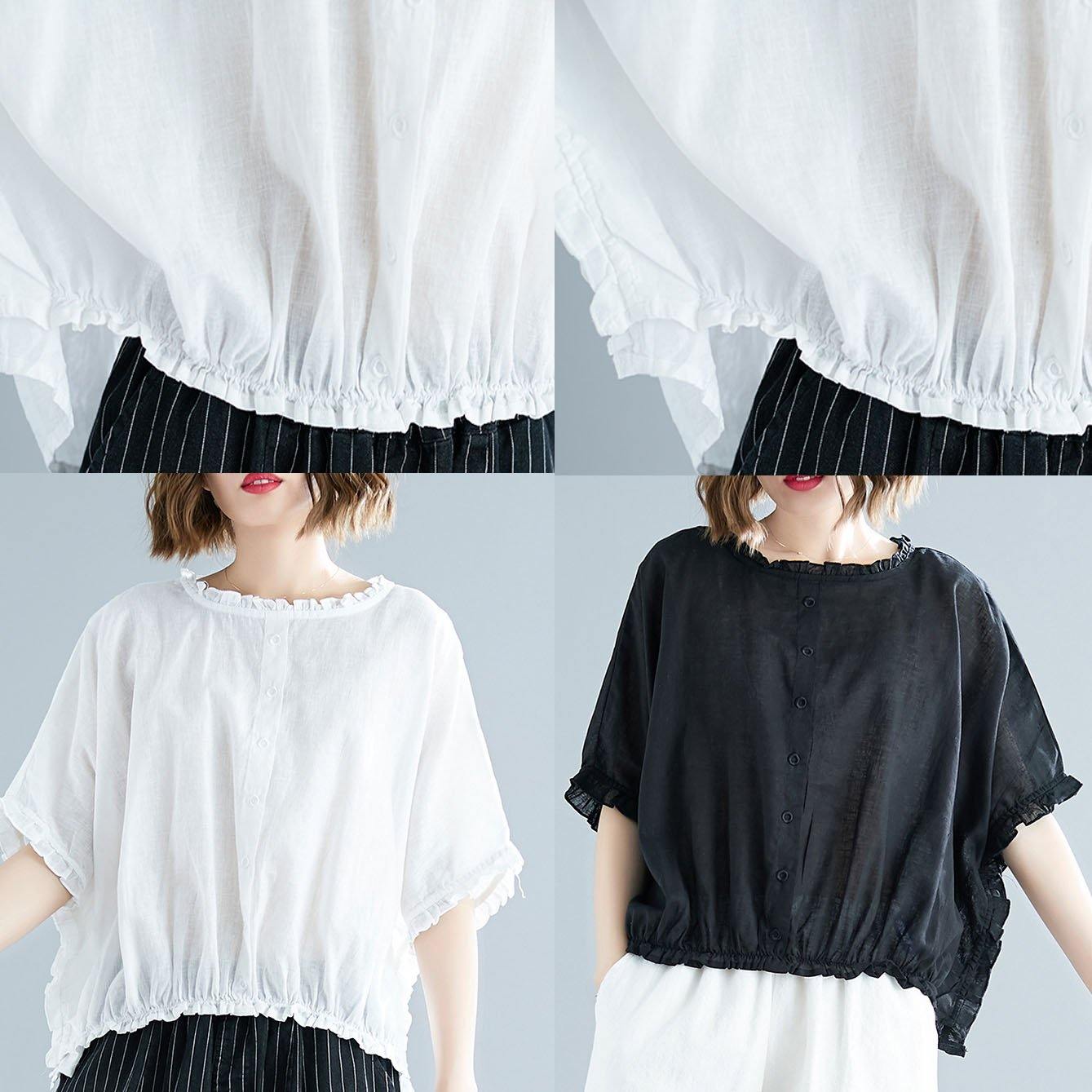 Chic black cotton tunic top ruffles tunic summer blouse