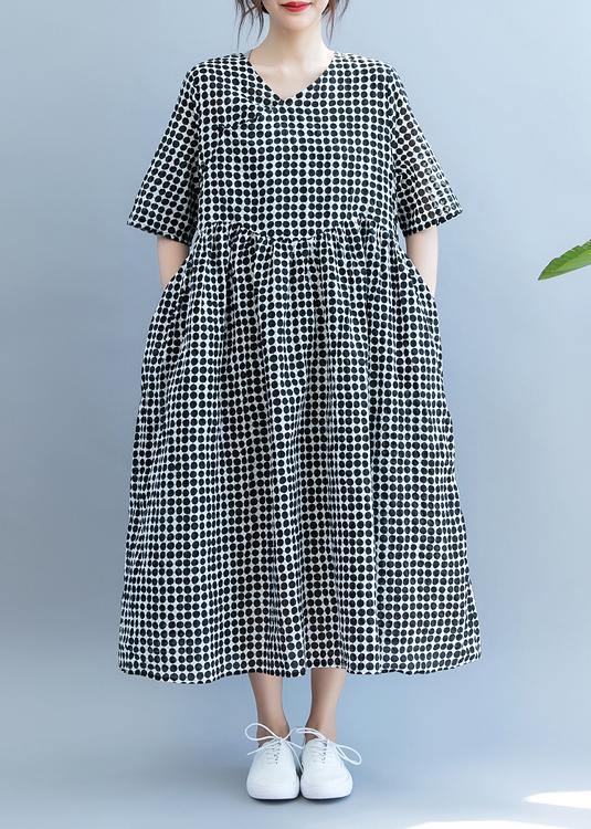 Chic black dotted Long Shirts v neck pockets Maxi summer Dress