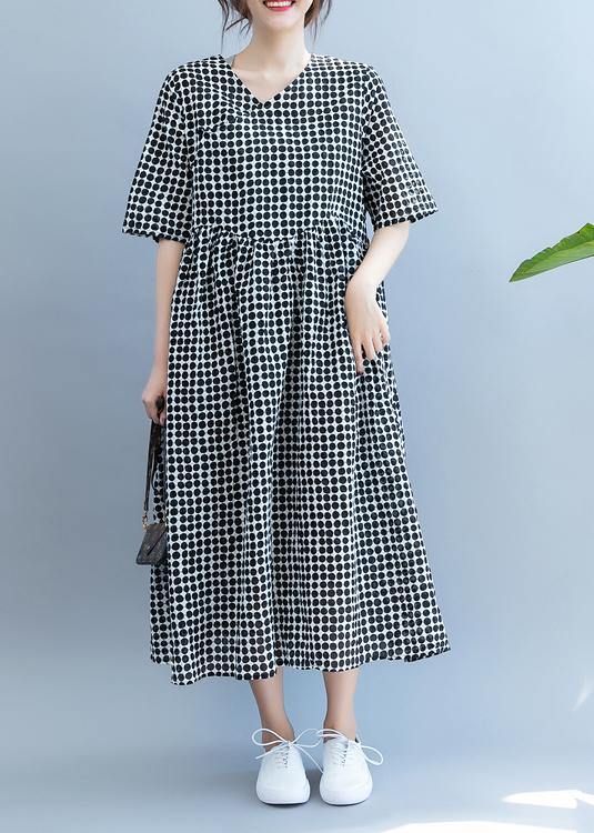 Chic black dotted Long Shirts v neck pockets Maxi summer Dress