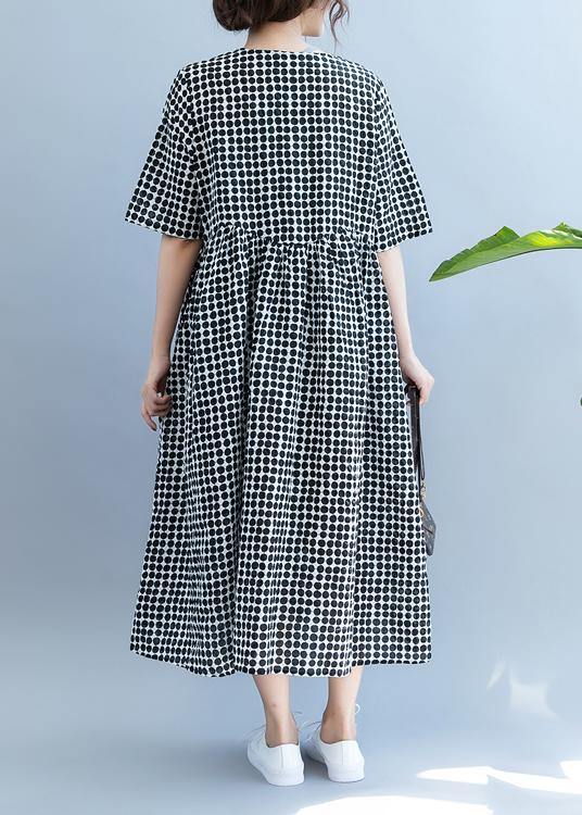 Chic black dotted Long Shirts v neck pockets Maxi summer Dress