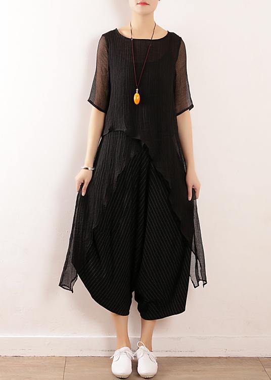 Chic black linen clothes For Women o neck short summer blouses