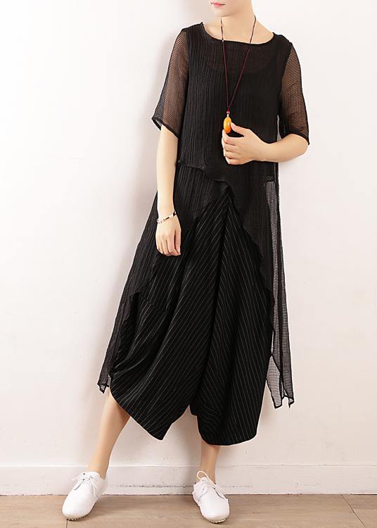 Chic black linen clothes For Women o neck short summer blouses