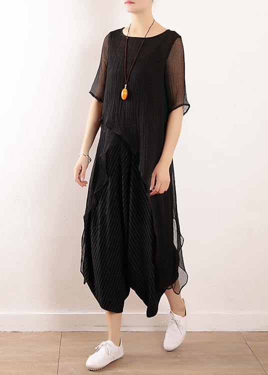 Chic black linen clothes For Women o neck short summer blouses