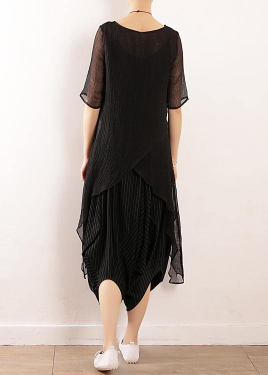 Chic black linen clothes For Women o neck short summer blouses