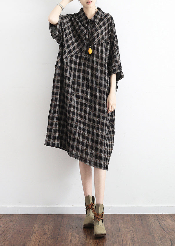 Chic black plaid linen cotton Tunics plus size Outfits polo collor Plus Size Clothing summer Dress