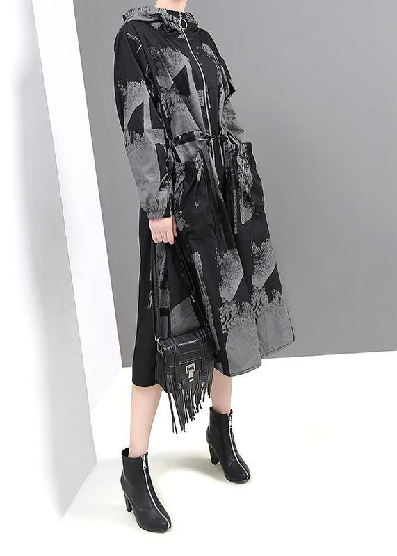 Chic black prints Fine outwear hooded tie waist jackets