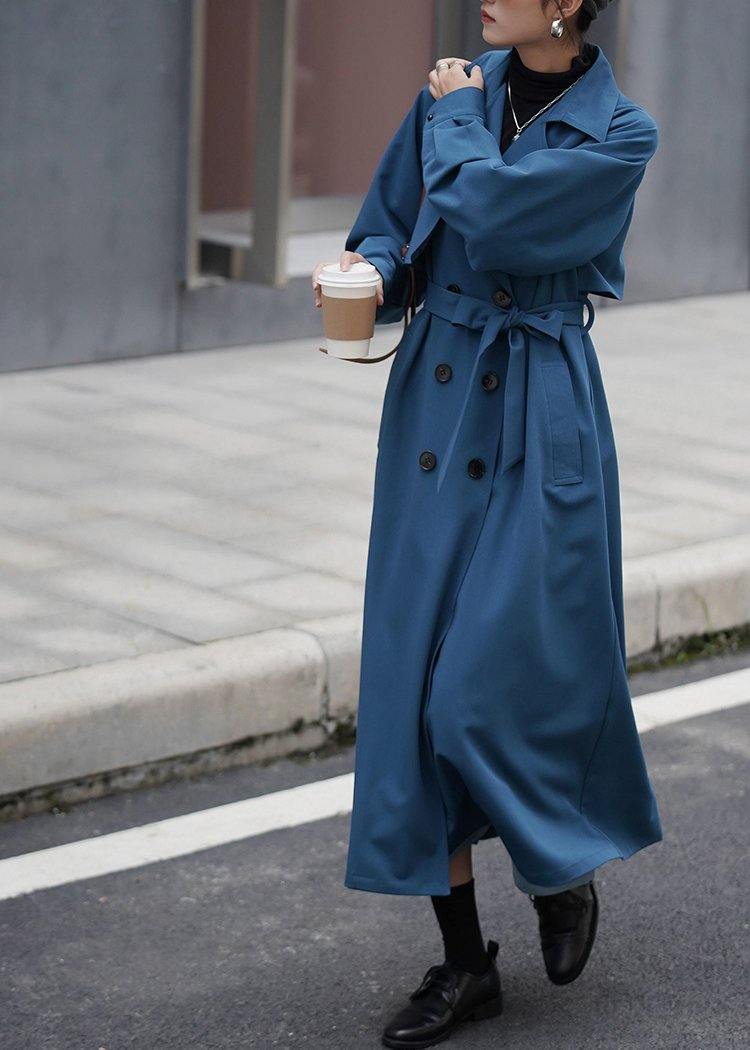 Chic blue Fashion coat for woman Tutorials Notched tie waist outwears