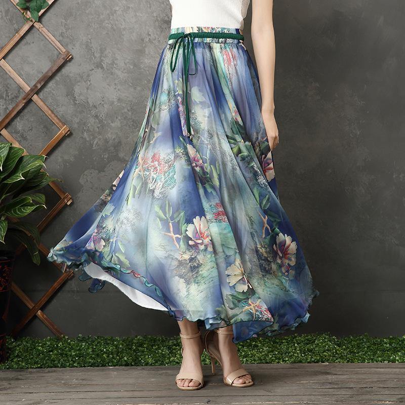 Chic blue floral chiffon Long Shirts elastic tie waist long summer Dress