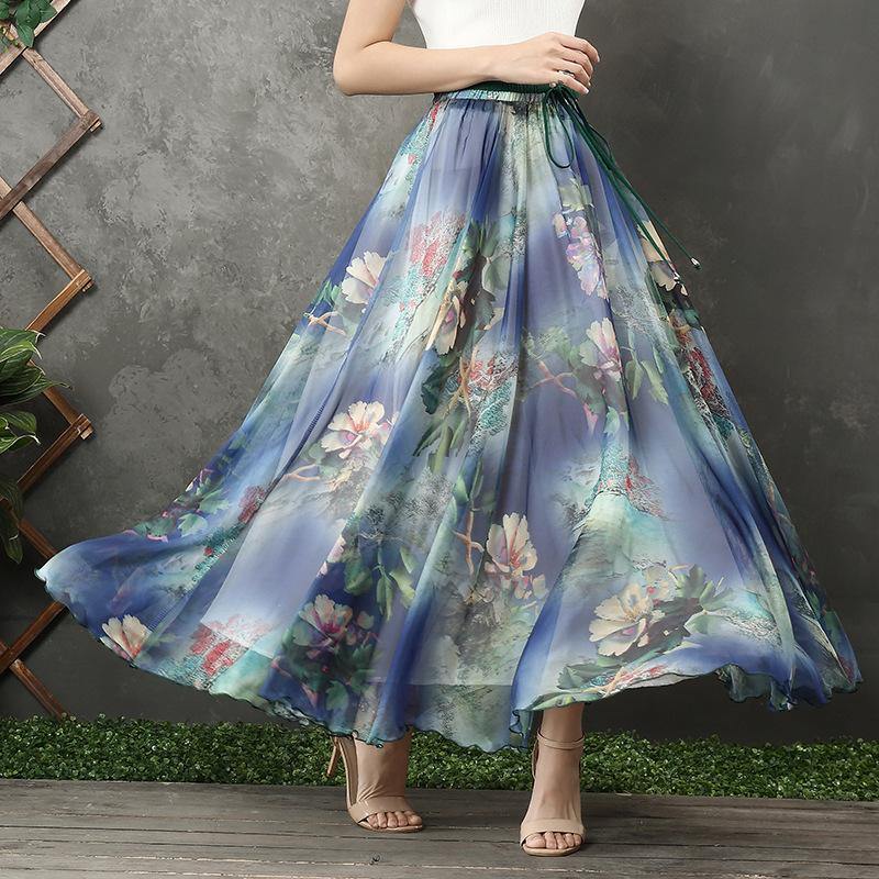 Chic blue floral chiffon Long Shirts elastic tie waist long summer Dress