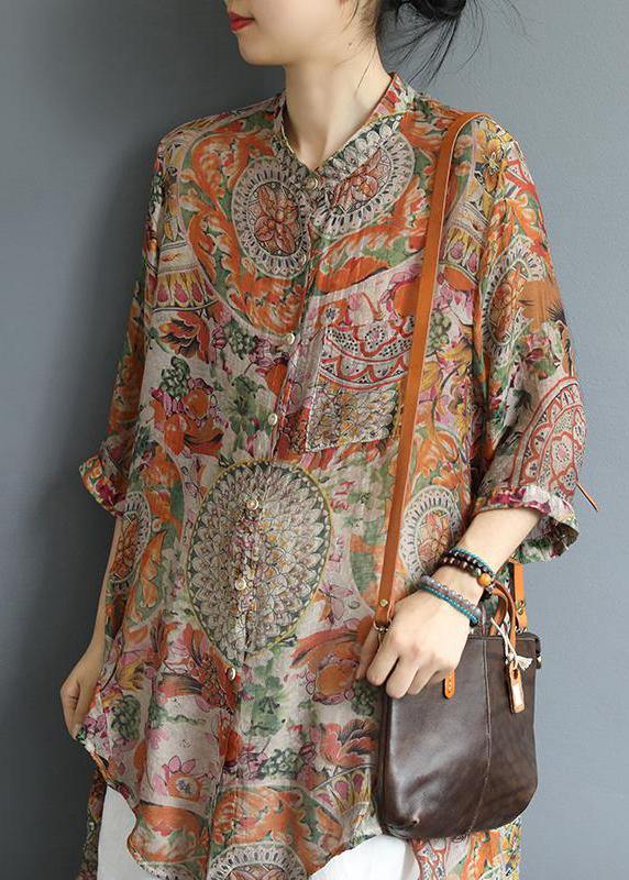 Chic cotton tunic top Korea Retro Printed High Low Hem Comfortable Blouse