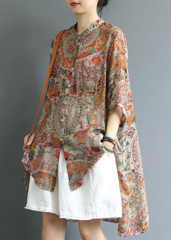 Chic cotton tunic top Korea Retro Printed High Low Hem Comfortable Blouse