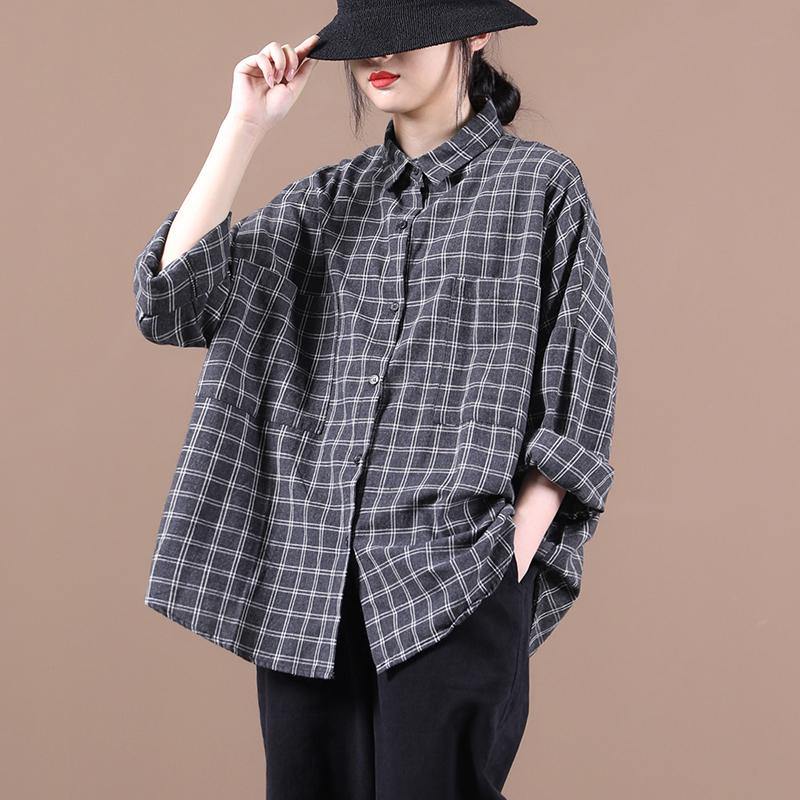 Chic black plaid shirts women lapel pockets Dresses shirt