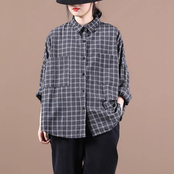 Chic black plaid shirts women lapel pockets Dresses shirt