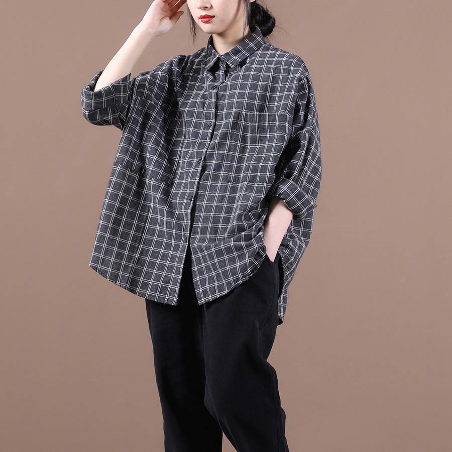 Chic black plaid shirts women lapel pockets Dresses shirt