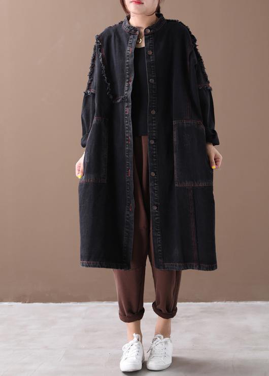 Chic denim black Fashion coat for woman Tutorials stand collar Button Down coats