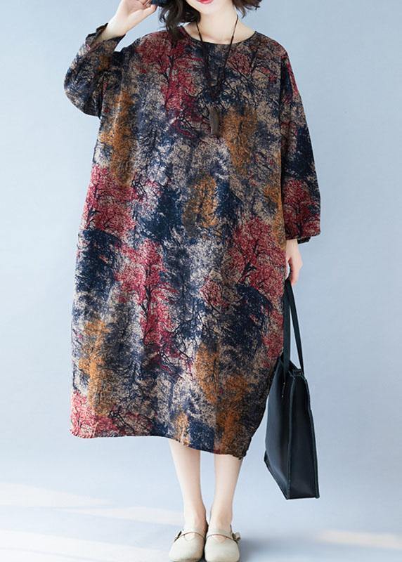 Chic floral cotton tunic dress o neck baggy Kaftan Dresses