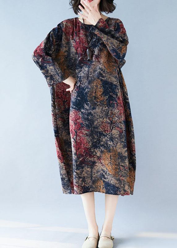 Chic floral cotton tunic dress o neck baggy Kaftan Dresses