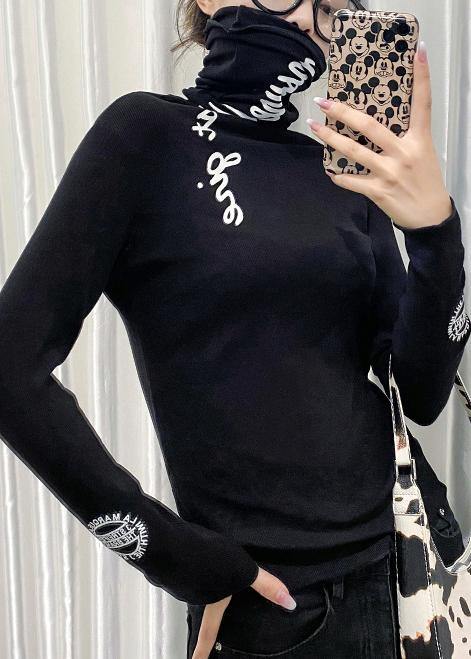 Chic high neck tops women black Letter silhouette tops