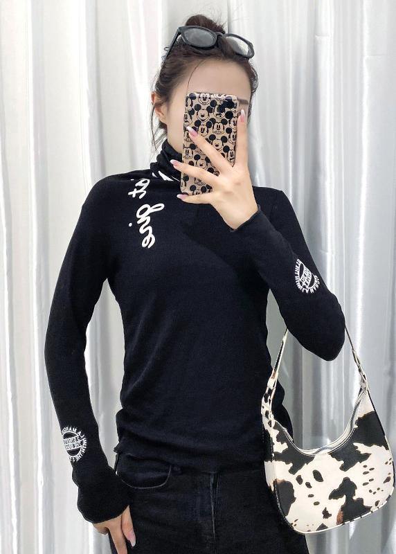 Chic high neck tops women black Letter silhouette tops