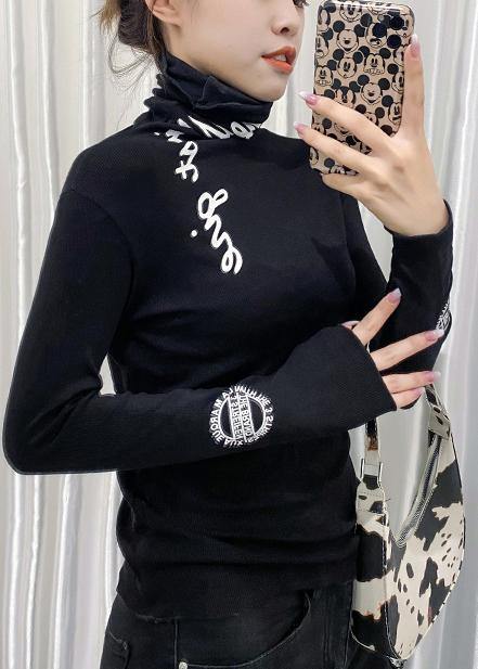 Chic high neck tops women black Letter silhouette tops