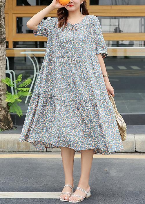 Chic light blue floral cotton Wardrobes ruffles hem Dresses summer Dresses