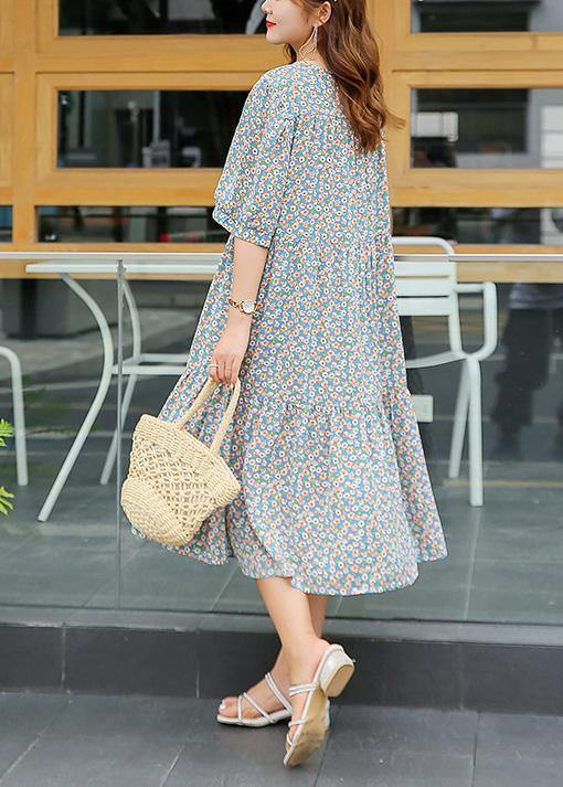 Chic light blue floral cotton Wardrobes ruffles hem Dresses summer Dresses