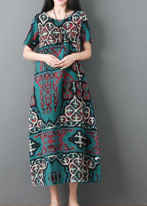 Chic loose waist cotton linen Soft Surroundings linen green prints Dresses summer