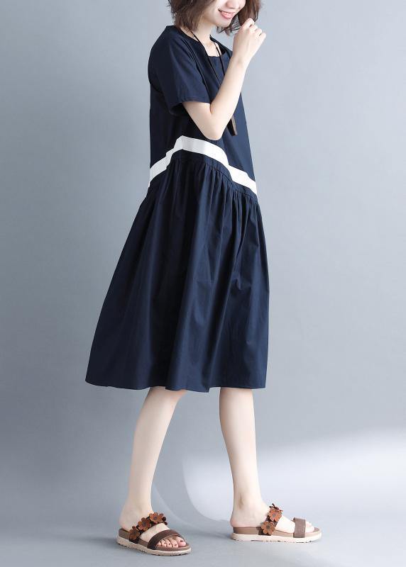 Chic navy cotton clothes For Women patchwork loose summer Dress