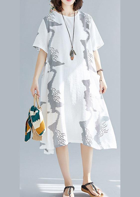 Chic o neck cotton quilting clothes Outfits white prints A Line Dress summer