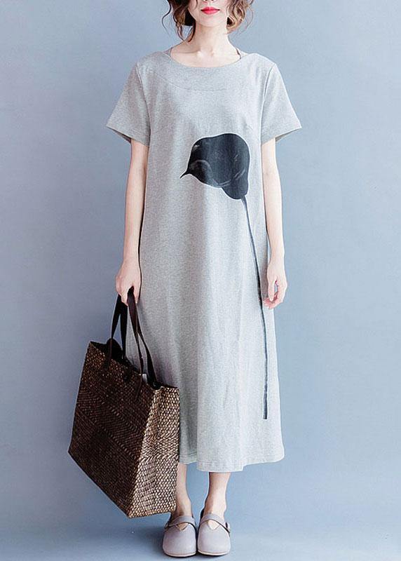 Chic o neck cotton summer Tunics gray print long Dresses