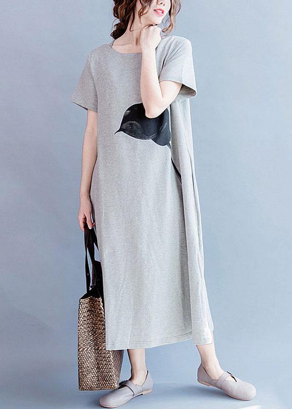 Chic o neck cotton summer Tunics gray print long Dresses