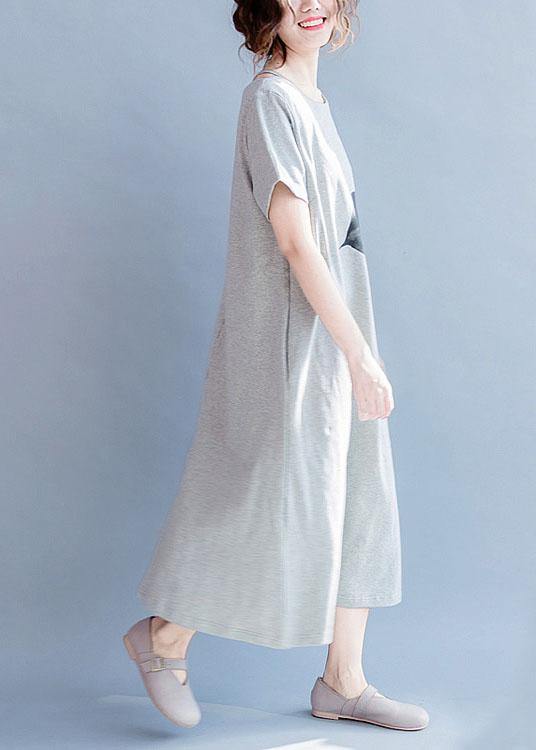 Chic o neck cotton summer Tunics gray print long Dresses