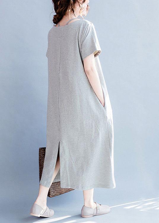 Chic o neck cotton summer Tunics gray print long Dresses