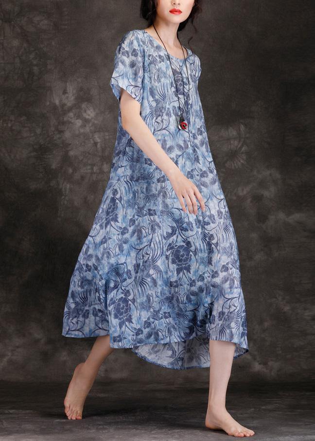 Chic o neck linen Wardrobes blue print Dresses summer