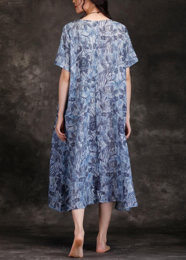 Chic o neck linen Wardrobes blue print Dresses summer