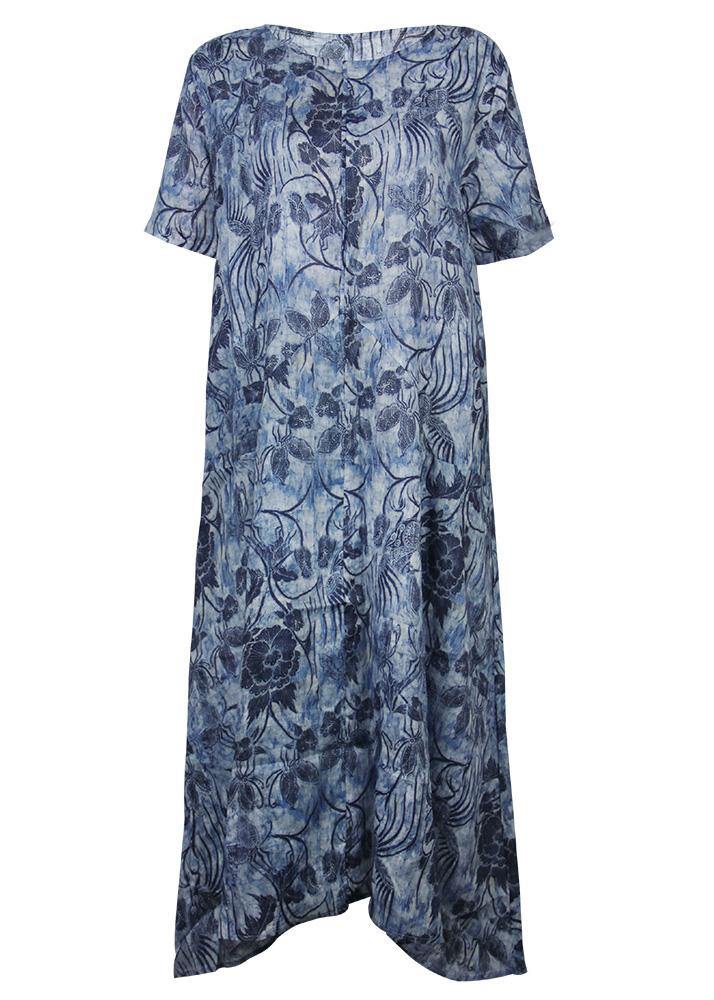 Chic o neck linen Wardrobes blue print Dresses summer