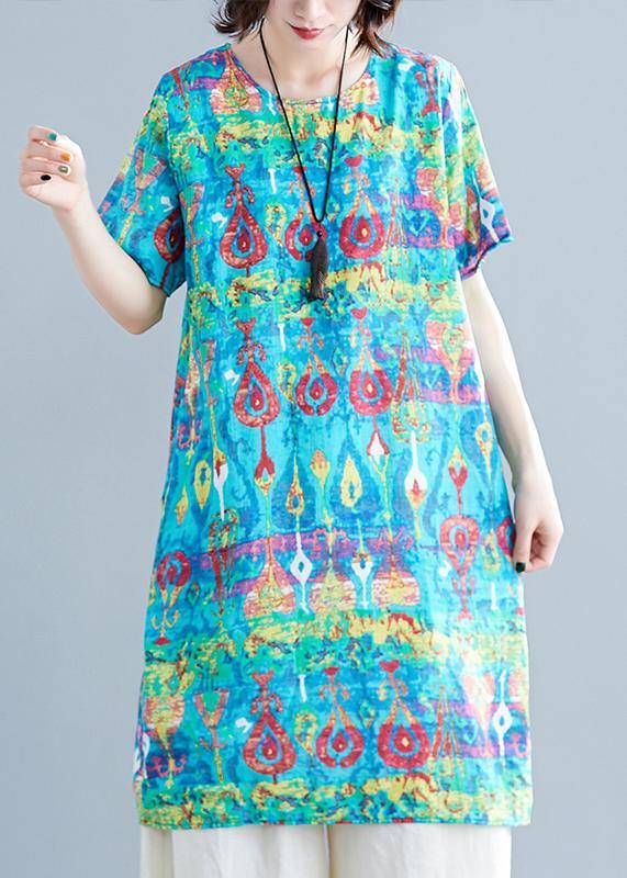 Chic o neck linen clothes Neckline green prints Dresses summer