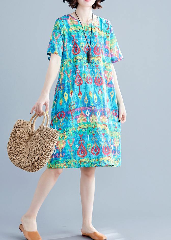 Chic o neck linen clothes Neckline green prints Dresses summer