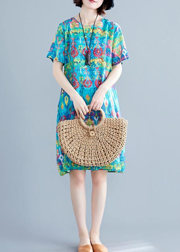 Chic o neck linen clothes Neckline green prints Dresses summer