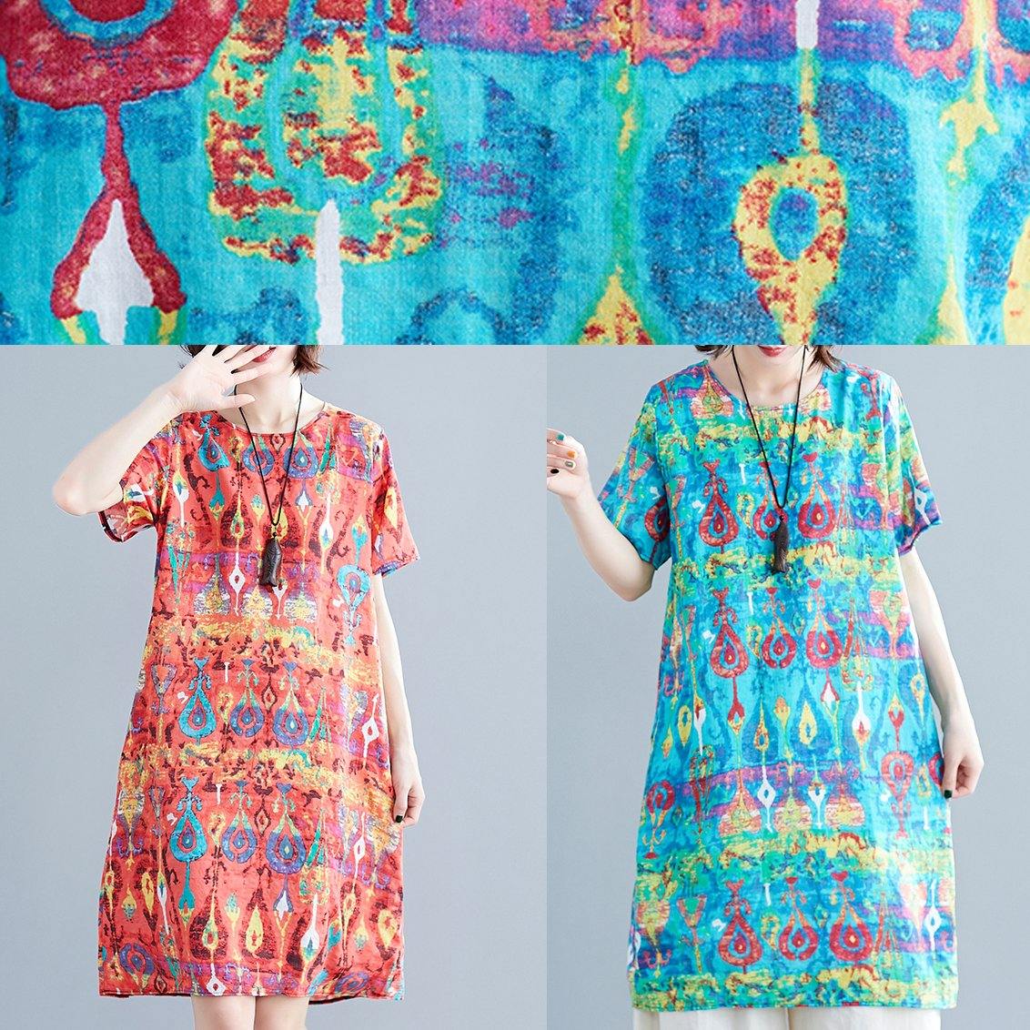 Chic o neck linen clothes Neckline green prints Dresses summer