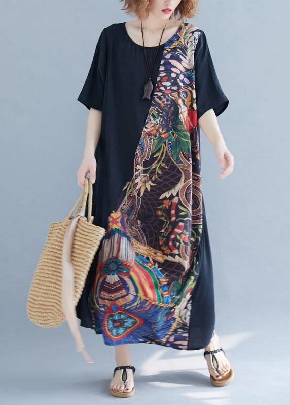 Chic o neck patchwork cotton summer dresses Photography black Robe Dress