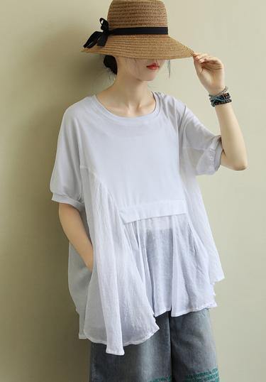 Chic o neck patchwork cotton summerLong Shirts Fabrics white tops