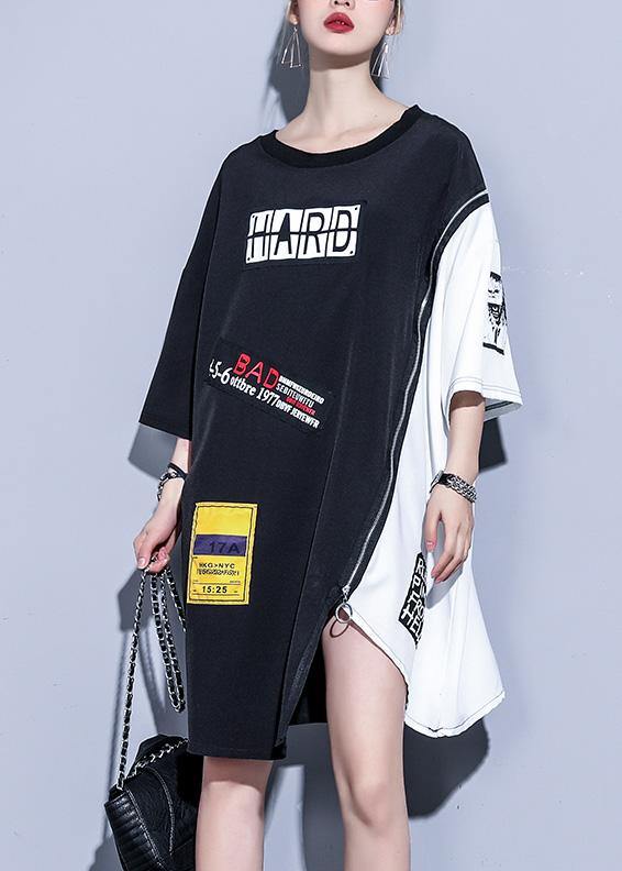 Chic o neck patchwork silk Cotton clothes Women Catwalk black zippered Dresses summer