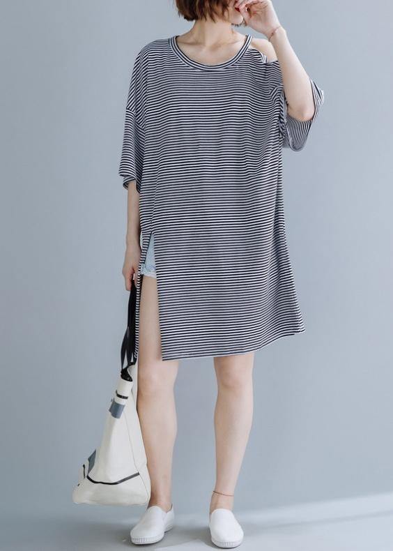 Chic o neck side open Cotton tunic dressSewing black striped Dress