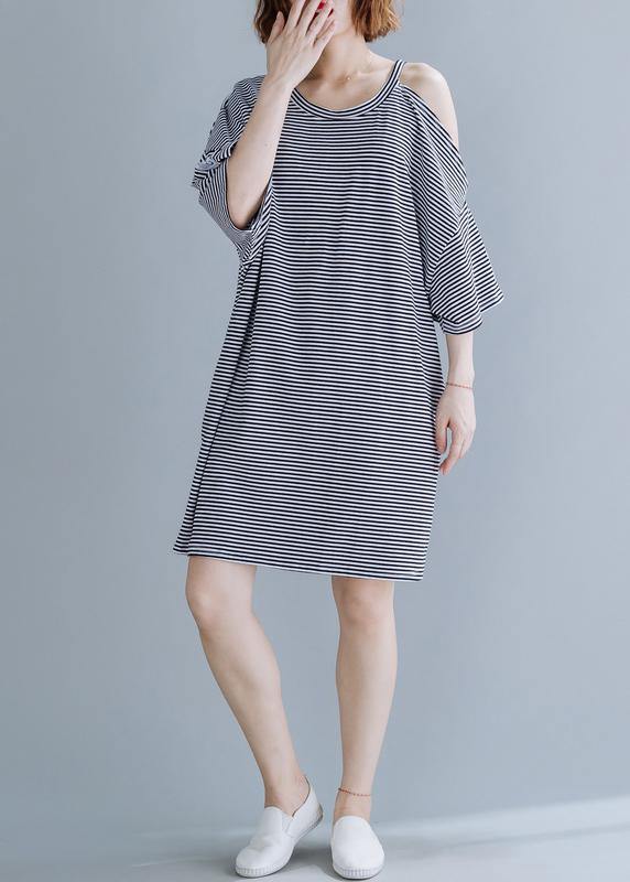 Chic o neck side open Cotton tunic dressSewing black striped Dress