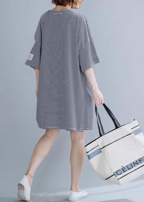 Chic o neck side open Cotton tunic dressSewing black striped Dress