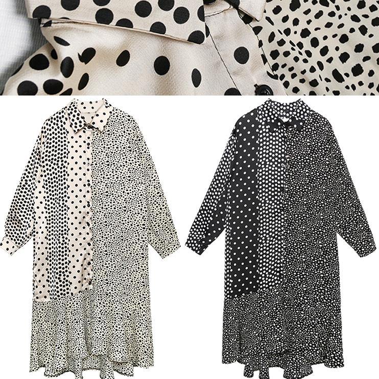 Chic patchwork Cotton tunic dress Sleeve white dotted Dress summer