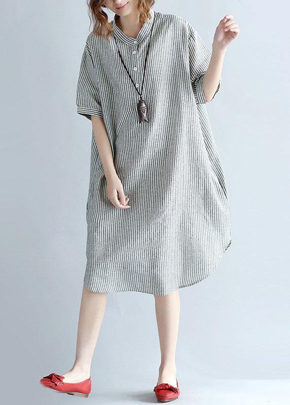 Chic side open Cotton Long Shirts Work gray striped Dresses summer