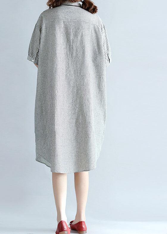 Chic side open Cotton Long Shirts Work gray striped Dresses summer